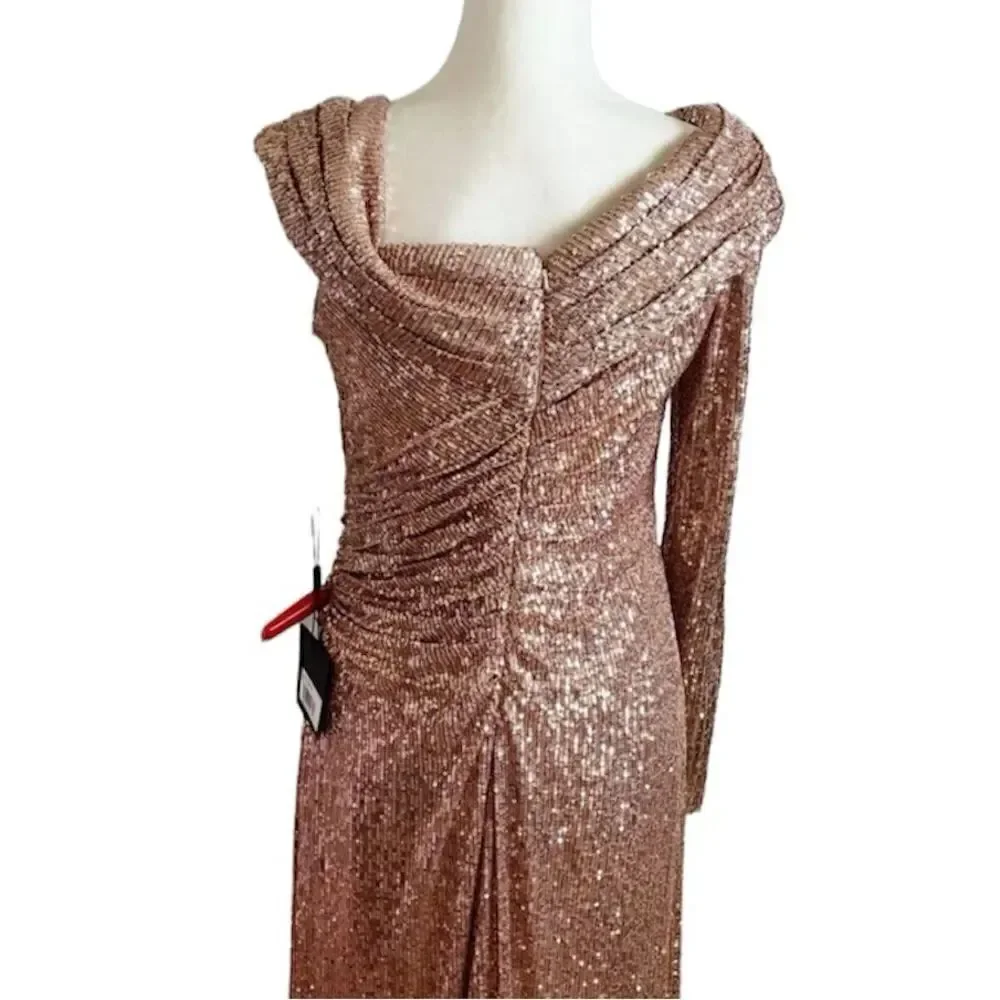 Mac Duggal NWT 26571 SEQUINED DROP SHOULDER FAUX WRAP GOWN in Copper Size 6